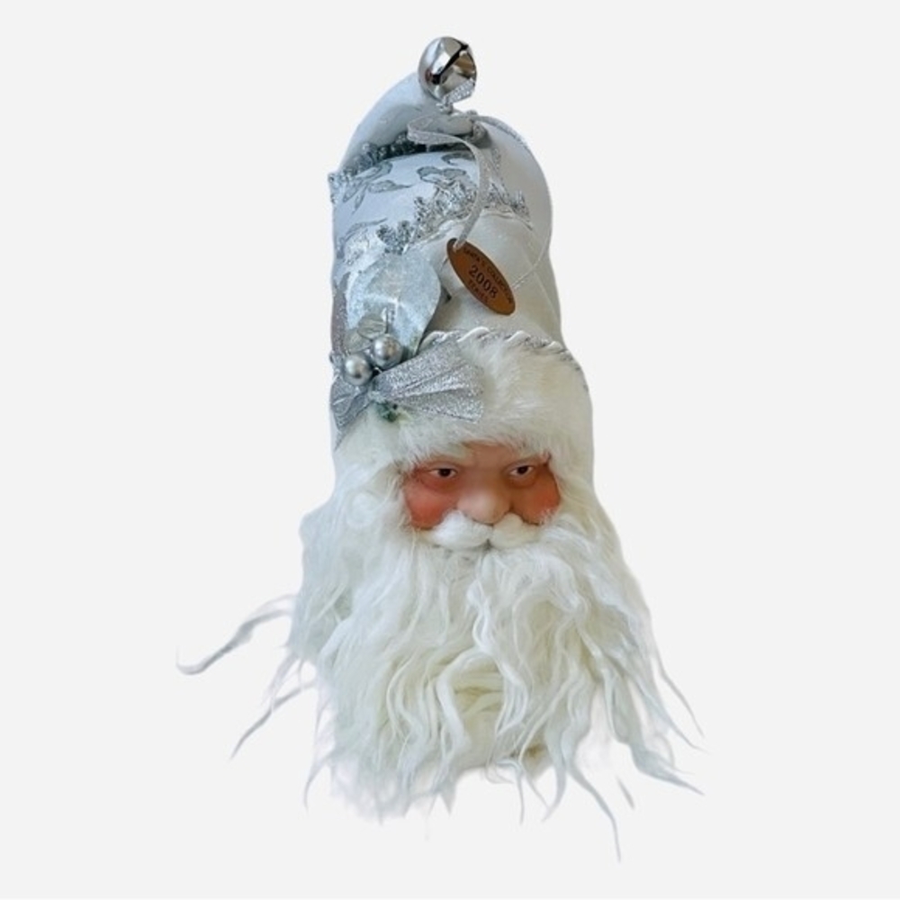 Silver White Fabric Santa Head Ornament 4"x5"x13" Jingle Hat 2008 Collection VG